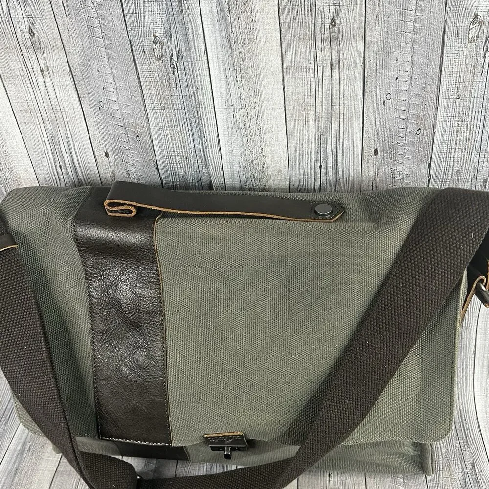 Pottery Barn Messenger Laptop Bag Bradley Leather & Canvas Taupe & Olive Bag